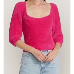 Free People Pink Fuzzy Scoop Neck Puff Sleeve Sweater Large‎ NWT